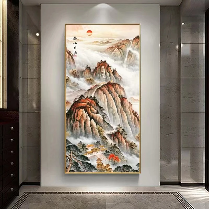 竖款泰山日出高端大气过道玄关走廊楼梯简约晶瓷晶钻带灯装饰挂画