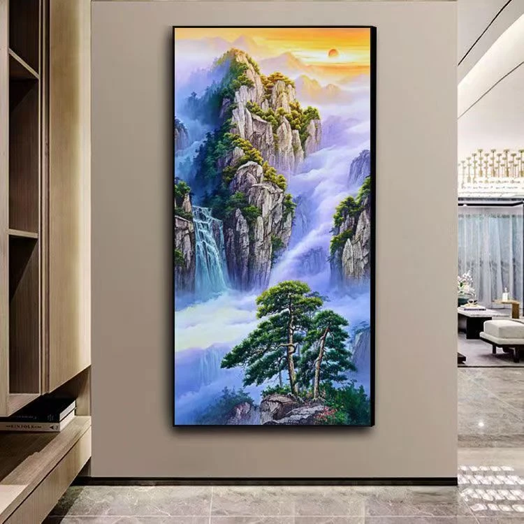 竖款入户山水风景轻奢大气玄关过道走廊楼梯晶瓷镶钻灯光装饰挂画