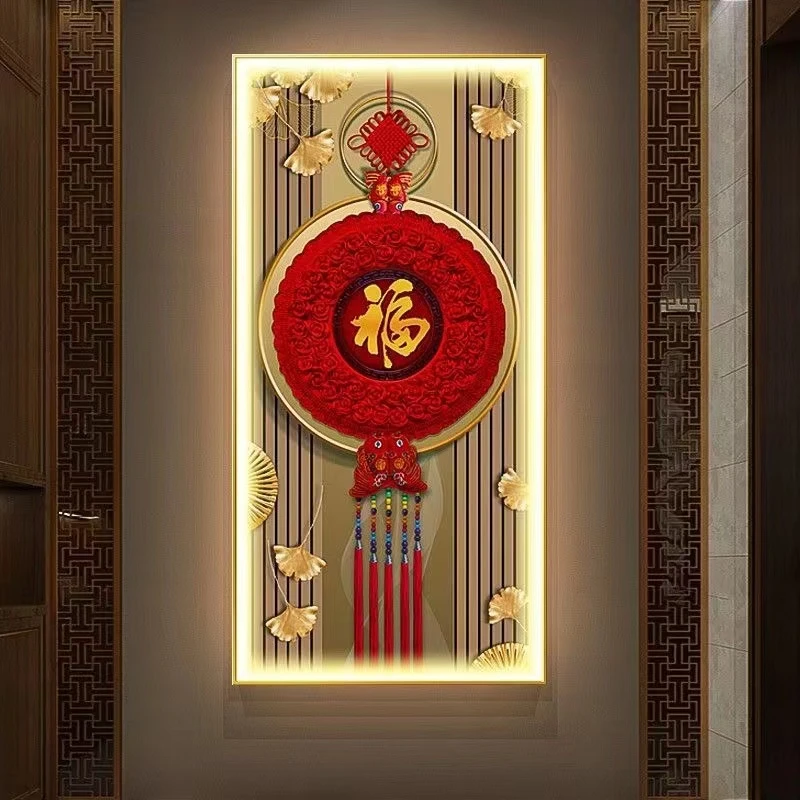 新中式抽象立体轻奢入户门玄关过道走廊高档晶瓷晶钻灯光装饰挂画