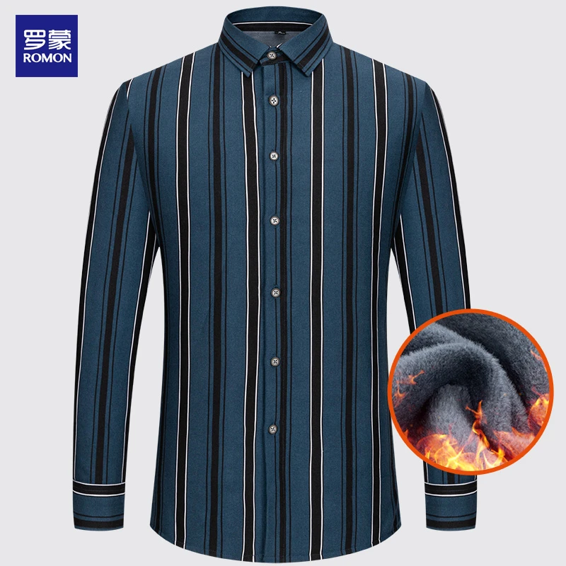 Romon/罗蒙保暖衬衫男士长袖商务休闲修身加厚冬浅蓝条纹长袖衬衣