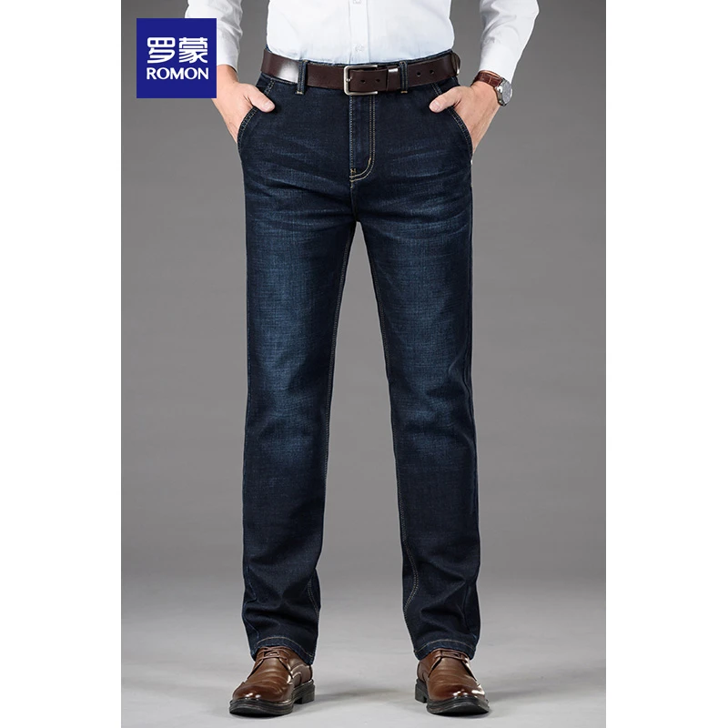 Romon/罗蒙时尚休闲牛仔裤男士秋冬季轻奢保暖舒适直筒宽松长裤子