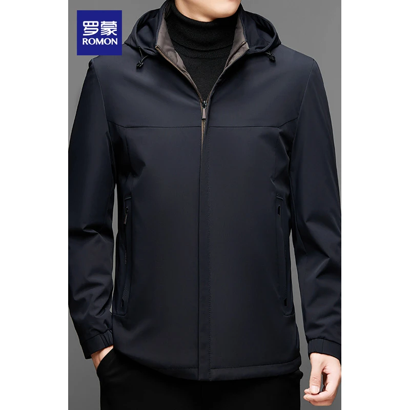 Romon/罗蒙秋冬季连帽拉链夹克运动风衣男式防风帅气保暖外套轻奢