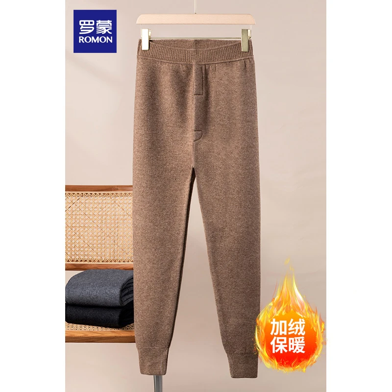 Romon/罗蒙冬季毛裤男士加厚高腰保暖中老年加绒修身女款打底毛裤