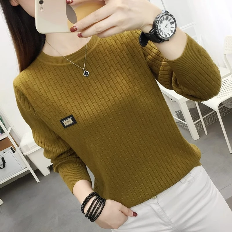 秋冬圆领针织毛衣保暖宽松显瘦韩版修身洋气套头长袖针织衫上衣