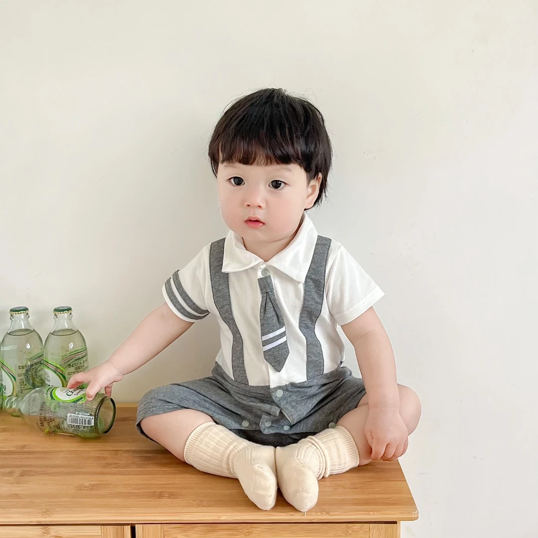 婴儿短袖连体衣纯棉夏款百天服男宝包屁衣帅气绅士周岁宴宝宝衣服