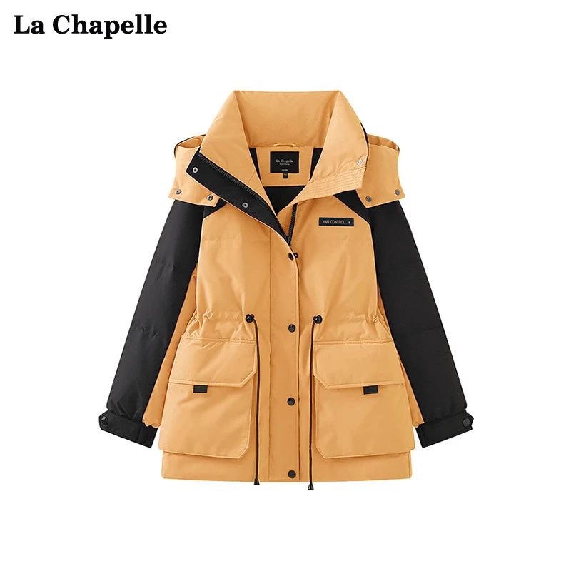 拉夏贝尔/La Chapelle撞色冲锋衣款抽绳收腰休闲连帽羽绒服女加厚