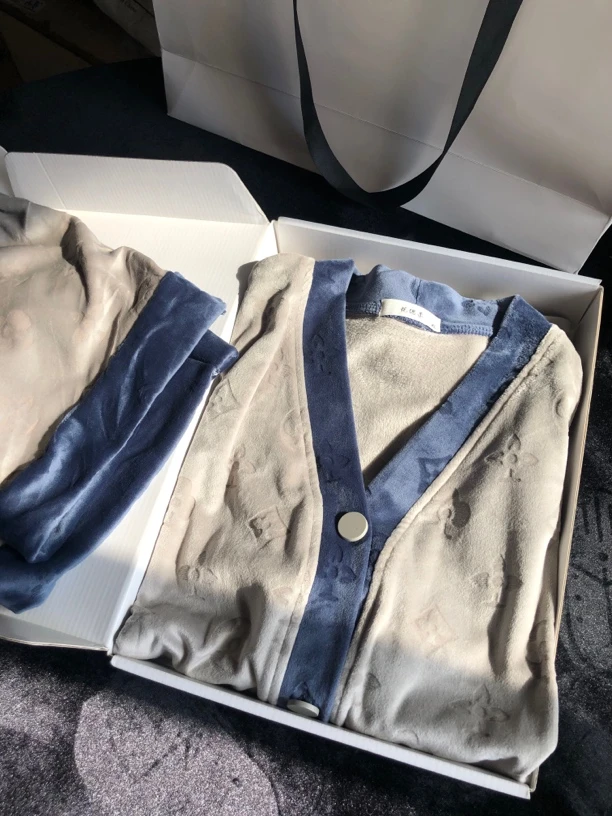 男士海岛绒加厚家居服冬季长袖舒适睡衣套装