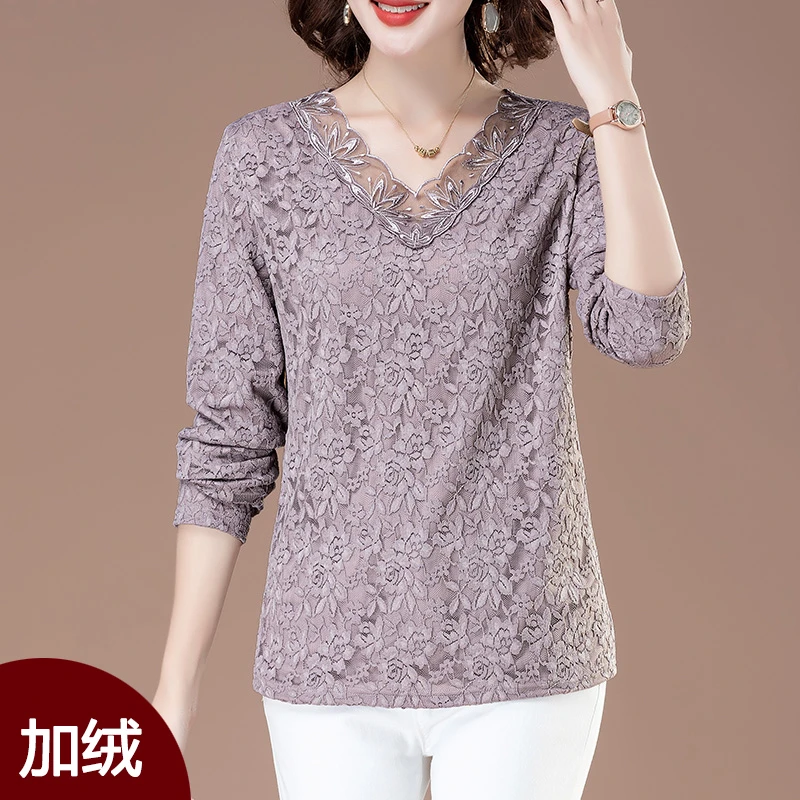 中年妈妈加绒加厚蕾丝打底衫V领保暖内搭春秋加肥加大码长袖t恤女
