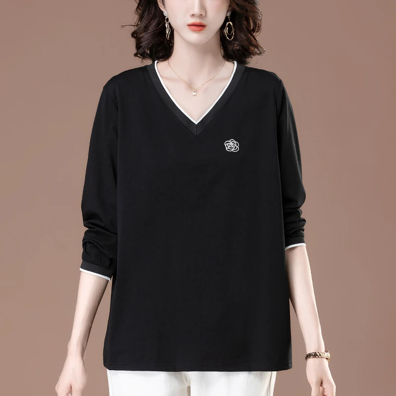 V领长袖打底衫女春秋新款宽松加肥加大码女装中年妈妈休闲T恤上衣