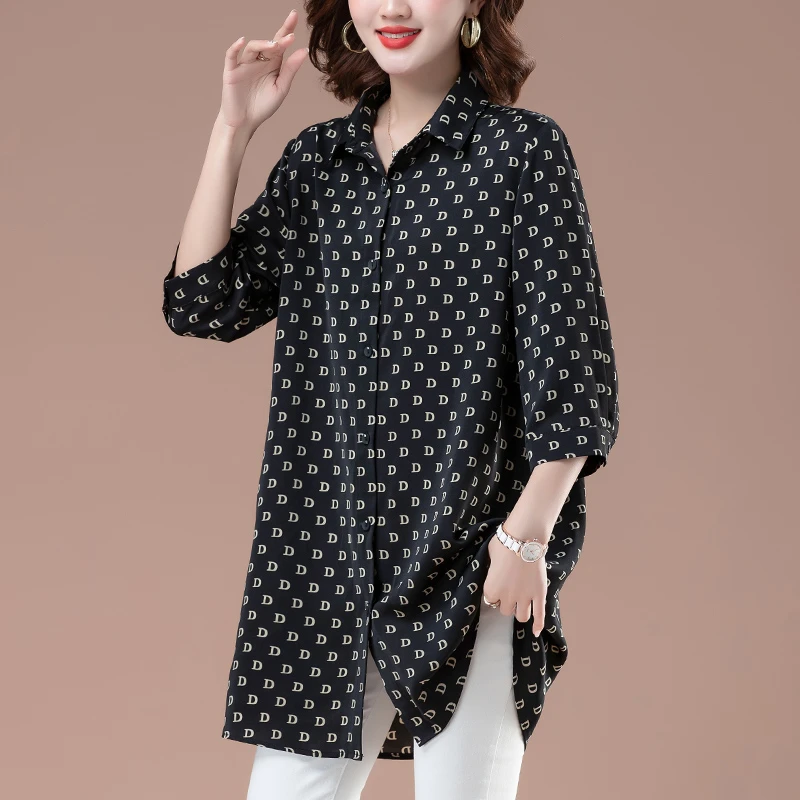 中年妈妈衬衫外套中长款雪纺开衫外搭薄上衣加肥加大码七分袖小衫