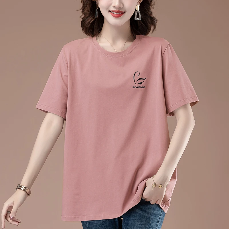 胖妈妈纯棉短袖t恤女宽松加肥加大码遮肚子上衣中老年夏季T恤汗衫