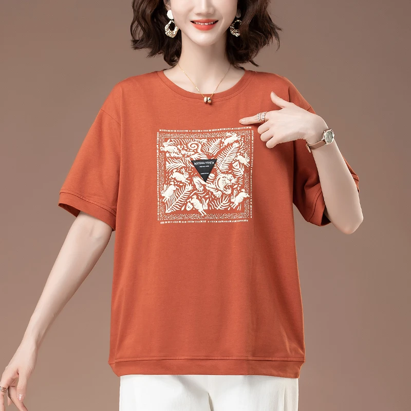 纯棉短袖T恤女夏装新款中年妈妈加肥加大码女装宽松兔年印花上衣