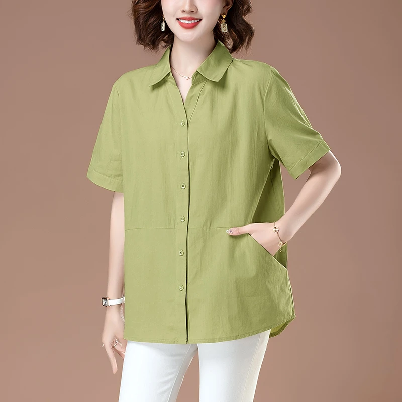 短袖全棉衬衫女夏季新款宽松大码女装口袋衬衣薄中老年女翻领上衣