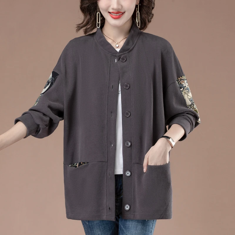中老年女春秋开衫外套妈妈新款立领上衣宽松洋气针织衫加肥加大码
