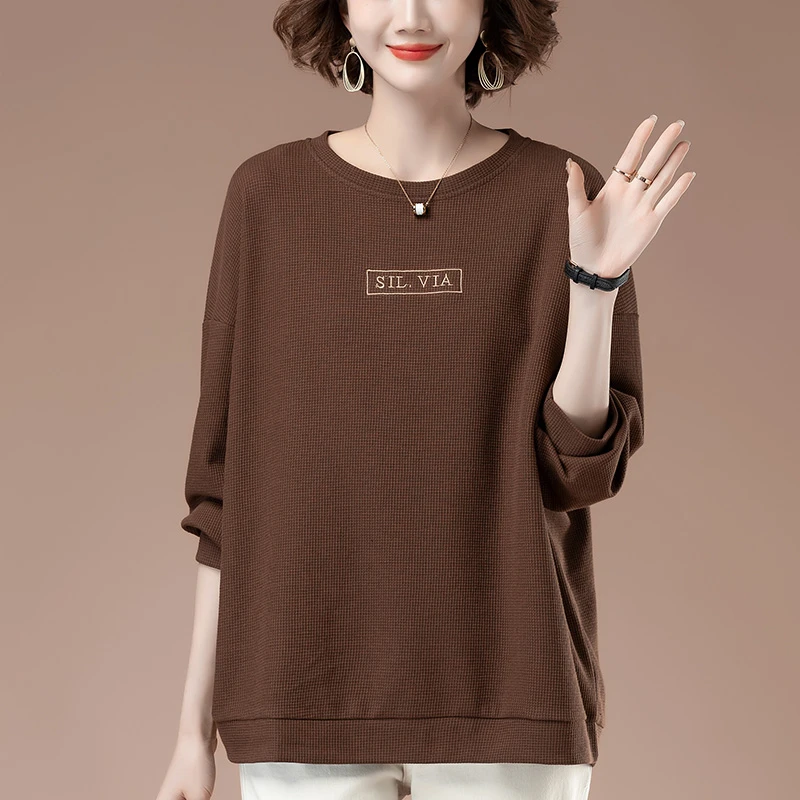 中年妈妈卫衣女春秋薄款加肥加大码女装宽松休闲圆领套头显瘦上衣