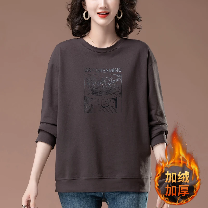 圆领卫衣女秋冬季加绒加厚中老年妈妈加肥加大码女装宽松休闲上衣