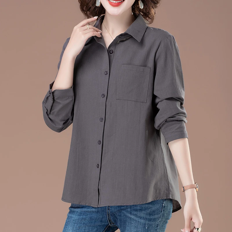 翻领全棉长袖衬衫女加肥加大码女装中老年妈妈春秋季薄款休闲衬衣