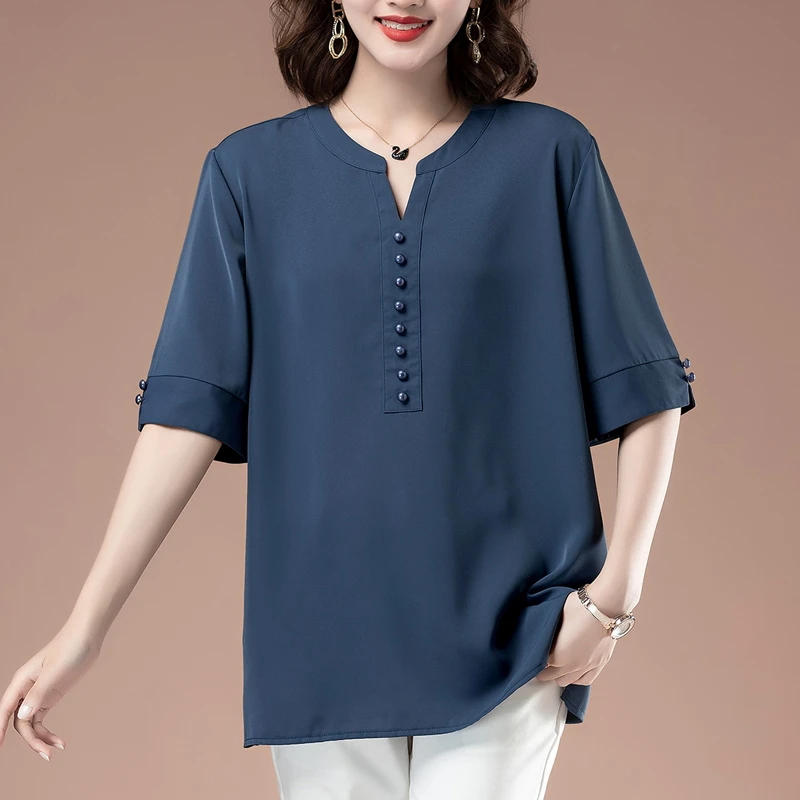 加肥加大码妈妈夏装女短袖宽松中年上衣遮肚子高贵雪纺T恤