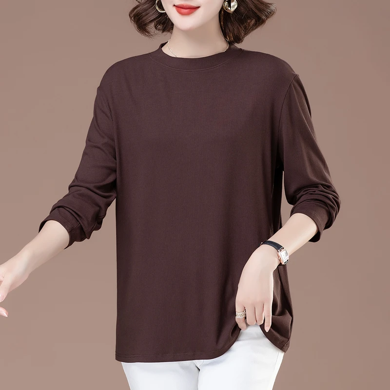 大码打底衫棉长袖t恤女春秋季加肥中年妈妈百搭纯色显瘦上衣内搭