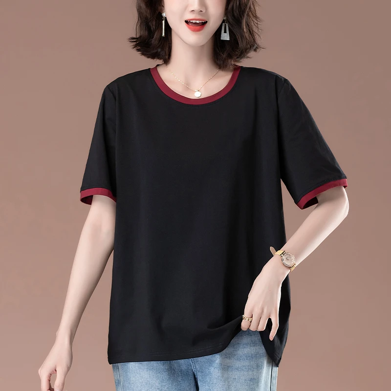 短袖T恤女夏季加肥加大码女装宽松中年妈妈休闲纯棉黑色显瘦夏装
