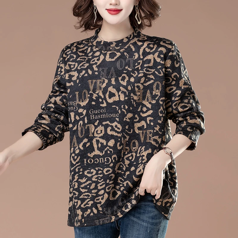 半高领加绒打底衫女中老年时尚大码秋冬内搭妈妈加厚款长袖T恤女