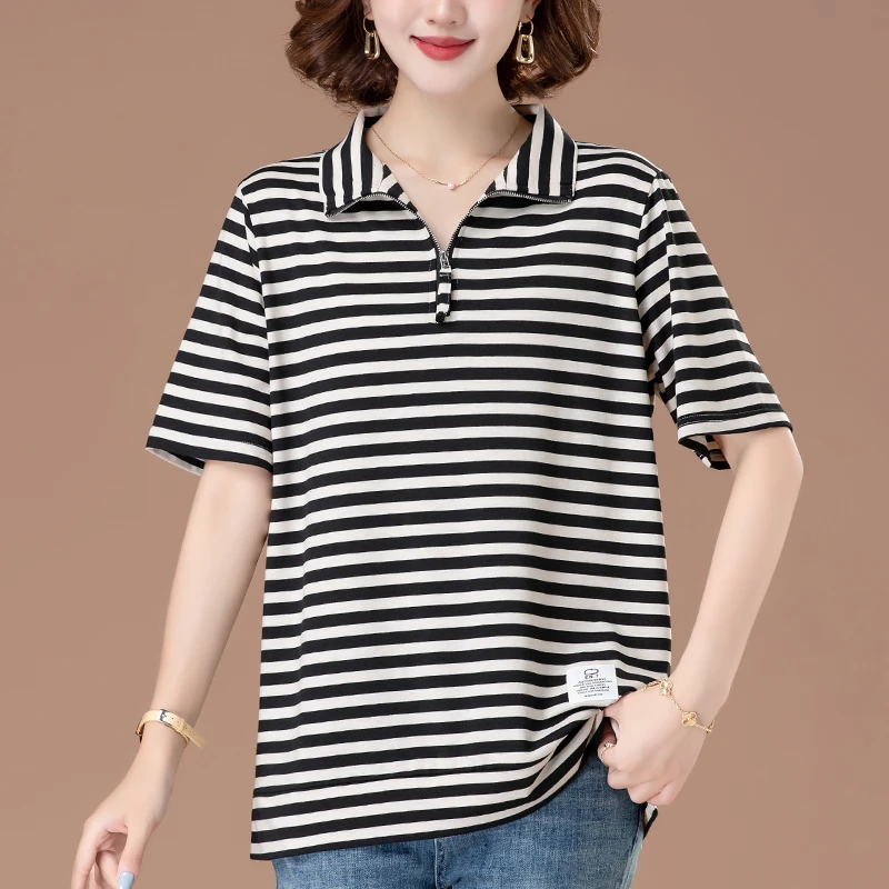 翻领条纹短袖t恤女加肥加大码女装中年妈妈立领宽松显瘦夏季上衣
