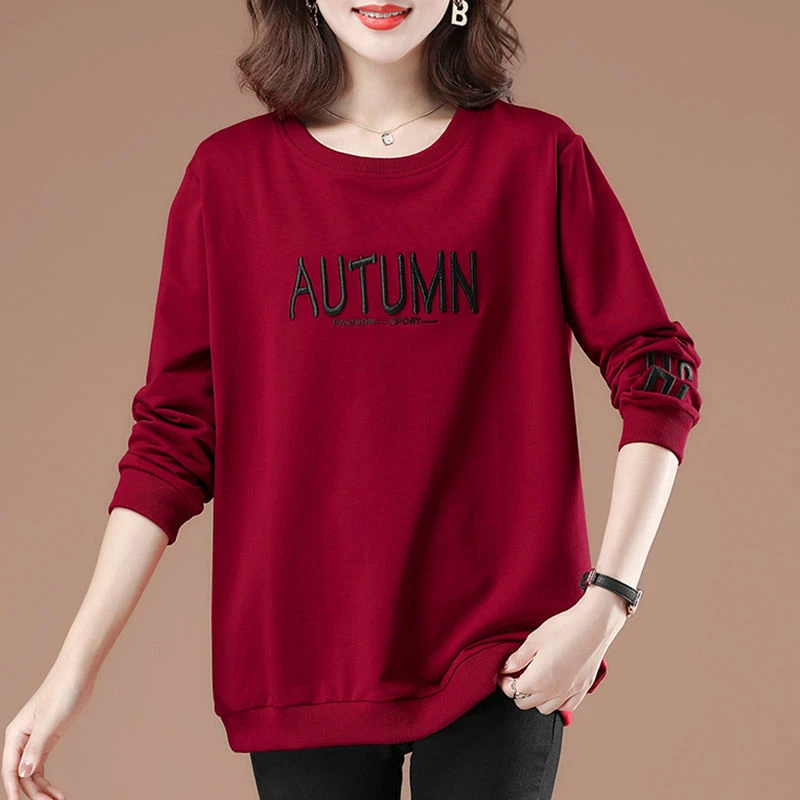 加肥大码圆领长袖妈妈加绒卫衣2022新款女纯棉宽松遮肚子刺绣上衣