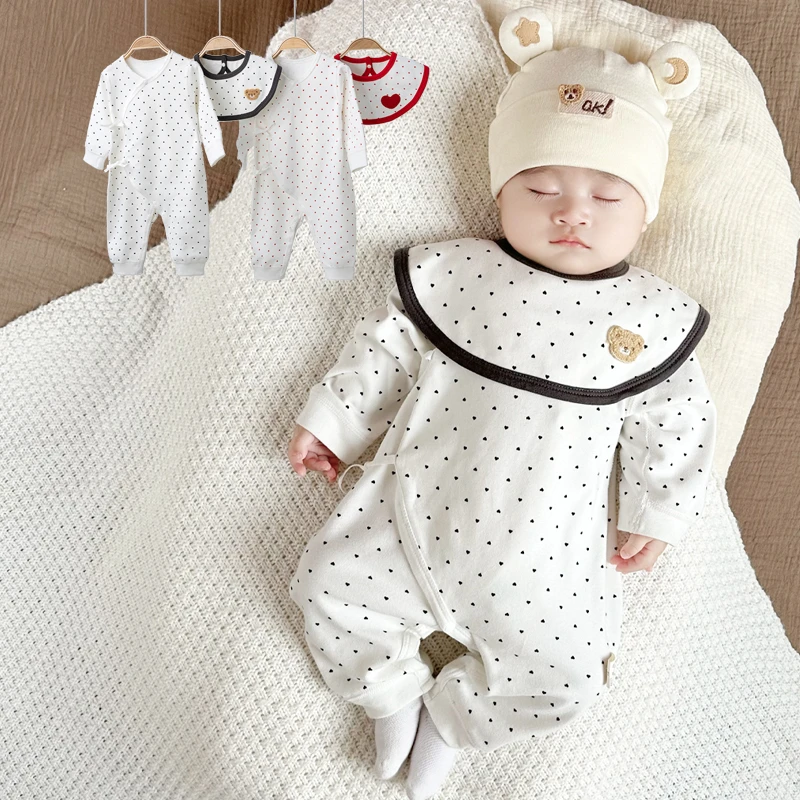 婴儿春秋连体衣宝宝长袖护肚哈衣新生儿棉质系带月子服初生儿衣服