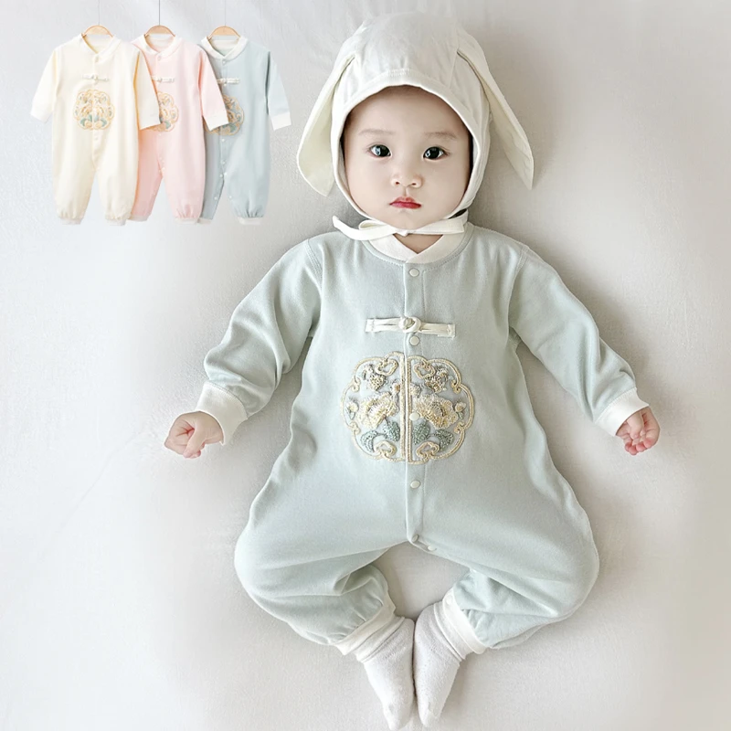 春秋季婴儿纯棉连体衣宝宝中国风哈衣爬服新生儿周岁满月百天衣服