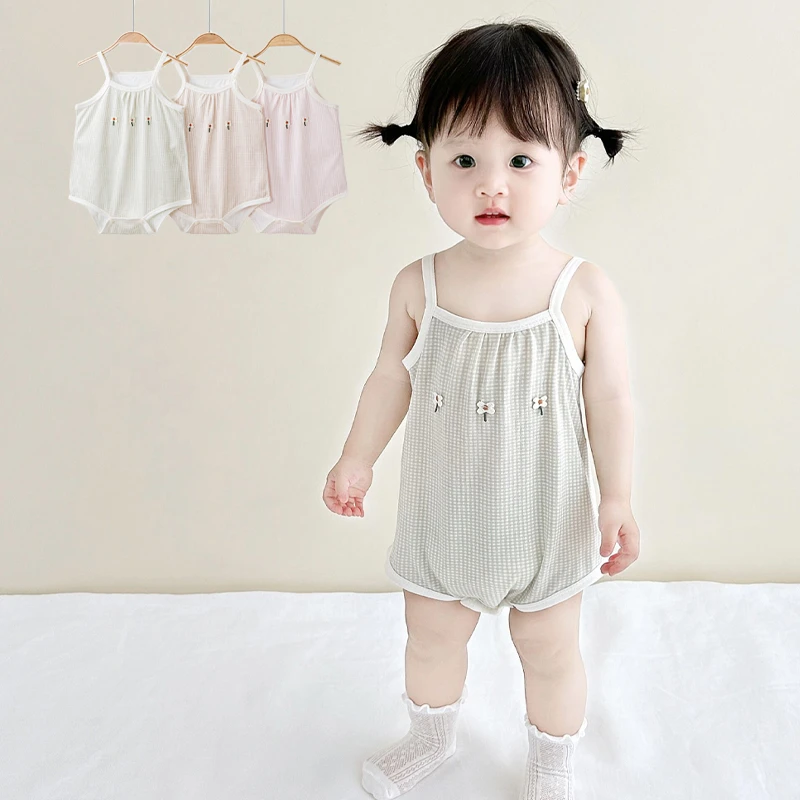 女宝宝纯棉夏季轻薄吊带连体衣可爱洋气包屁衣无袖三角哈衣爬服夏
