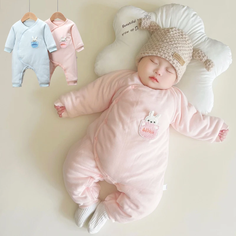 婴儿冬季长爬服新生儿连体衣男女宝宝加厚棉衣双层护肚舒绒棉哈衣