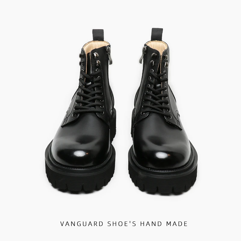 潮流真皮短靴男士高帮圆头马丁靴休闲皮鞋侧拉链皮靴子厚底