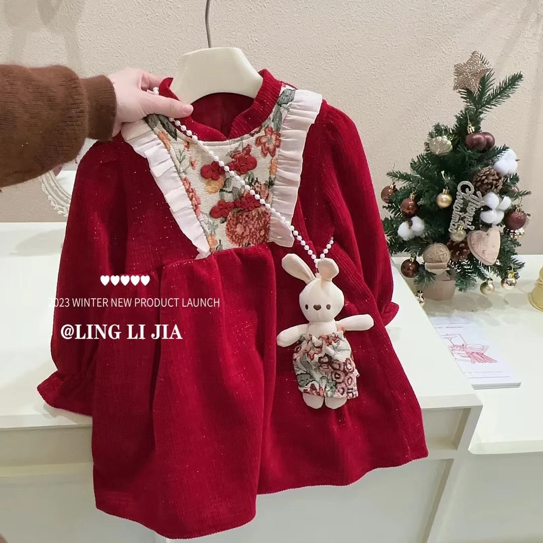 女童宫廷风加绒连衣裙冬季过年红色拜年服公主裙
