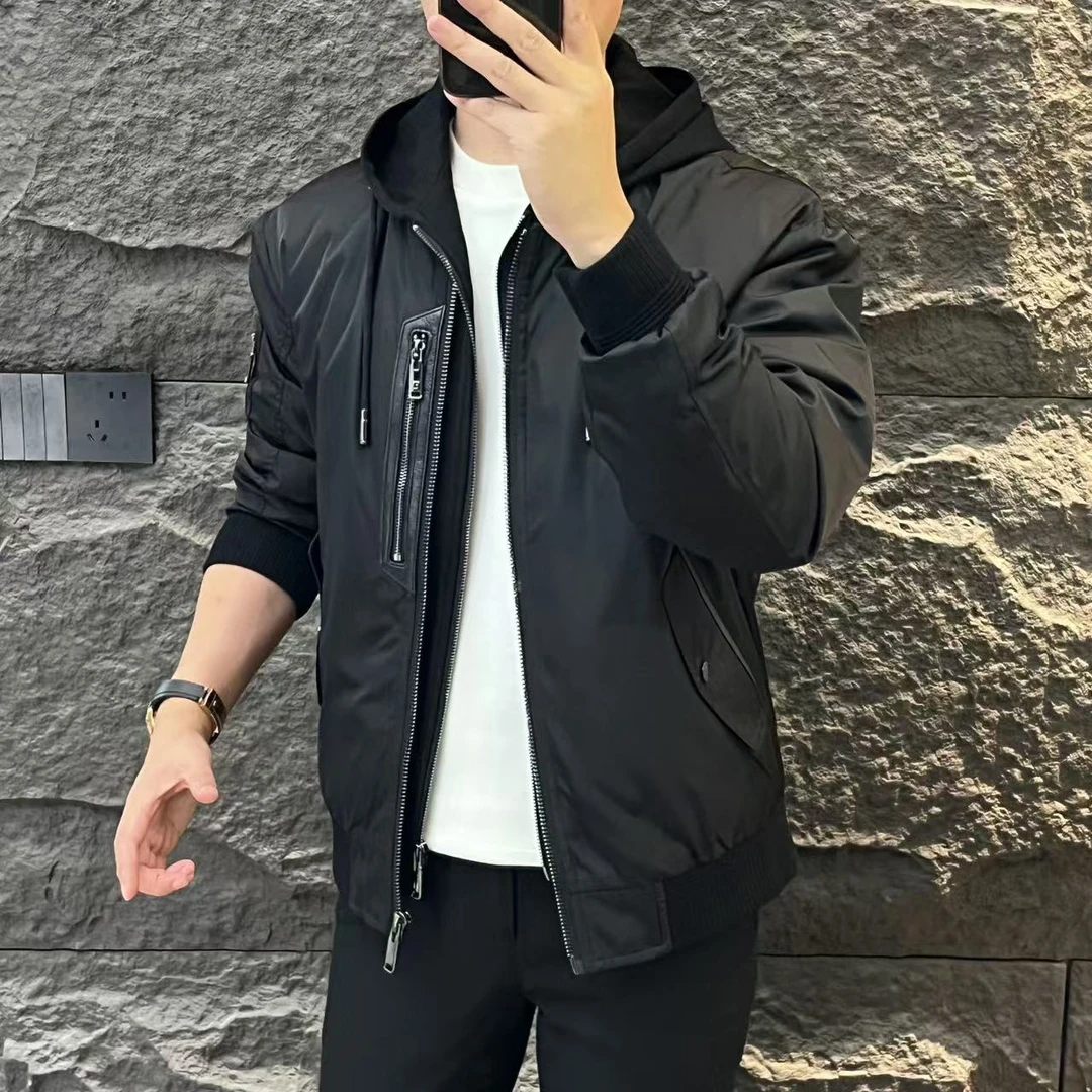 新款高端男士潮流百搭个性拼皮休闲连帽羽绒服YR35160