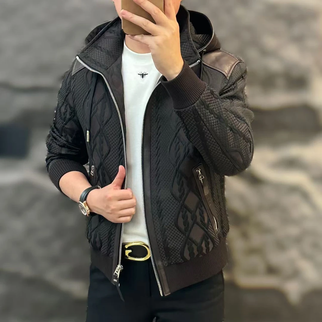 新款高端男士秋冬潮流百搭时尚个性拼皮连帽鹅绒服