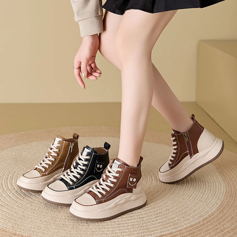 秋季新款真皮休闲单鞋女2024小个子厚底增高显瘦侧拉链高帮鞋550