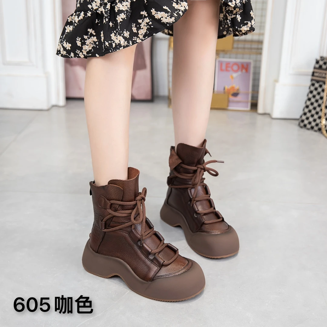 2024秋季新款复古真皮高帮头层牛皮民族风单靴百搭真皮厚底靴子