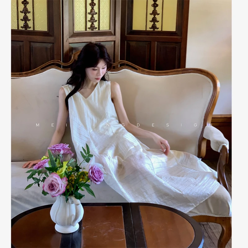 美静家倩倩【湖光水色】米色/粉色天丝连衣裙XMZH3844
