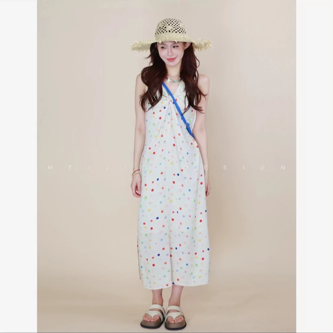 美静【彩虹糖】花色波点棉麻连衣裙XMZH3715
