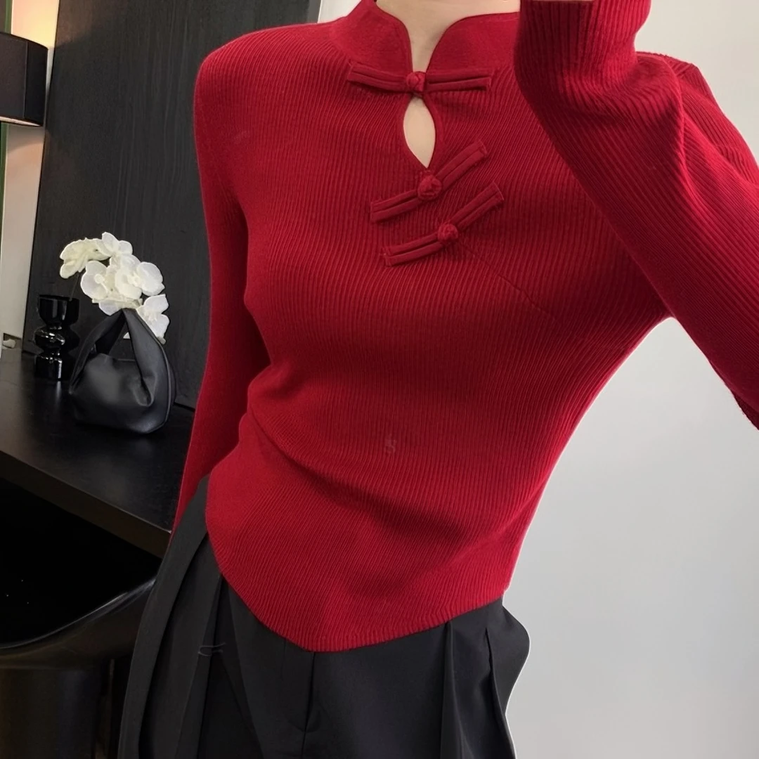 秋冬季外出洋气新中式国风立领毛衣女内搭套头长袖针织衫打底上衣