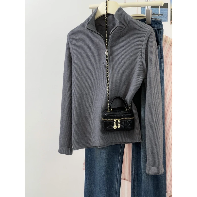 立领长袖针织衫秋冬季套头毛衣外穿洋气复古上衣女款爆款2024新款