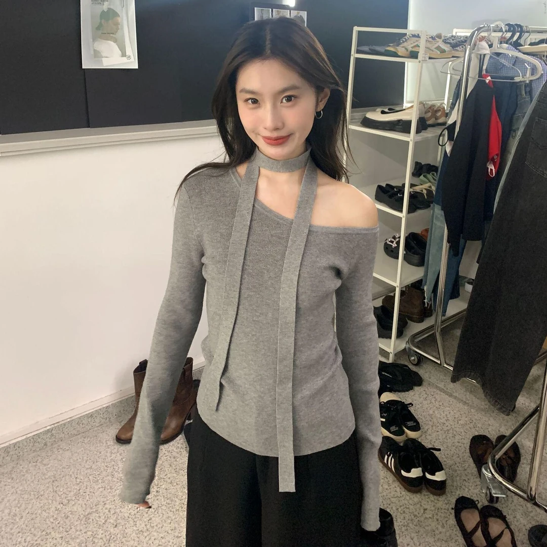 入秋高级感衣服秋季女装内搭针织打底衫上衣一字肩飘带露肩长袖