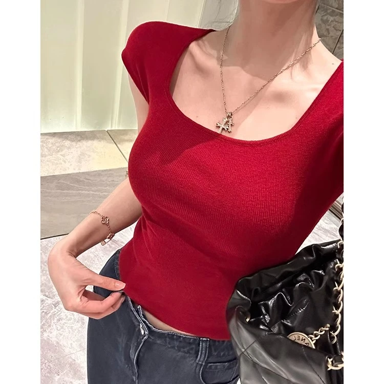 夏季方领短袖针织T恤短款打底衫独特别致高级感女装时髦洋气上衣
