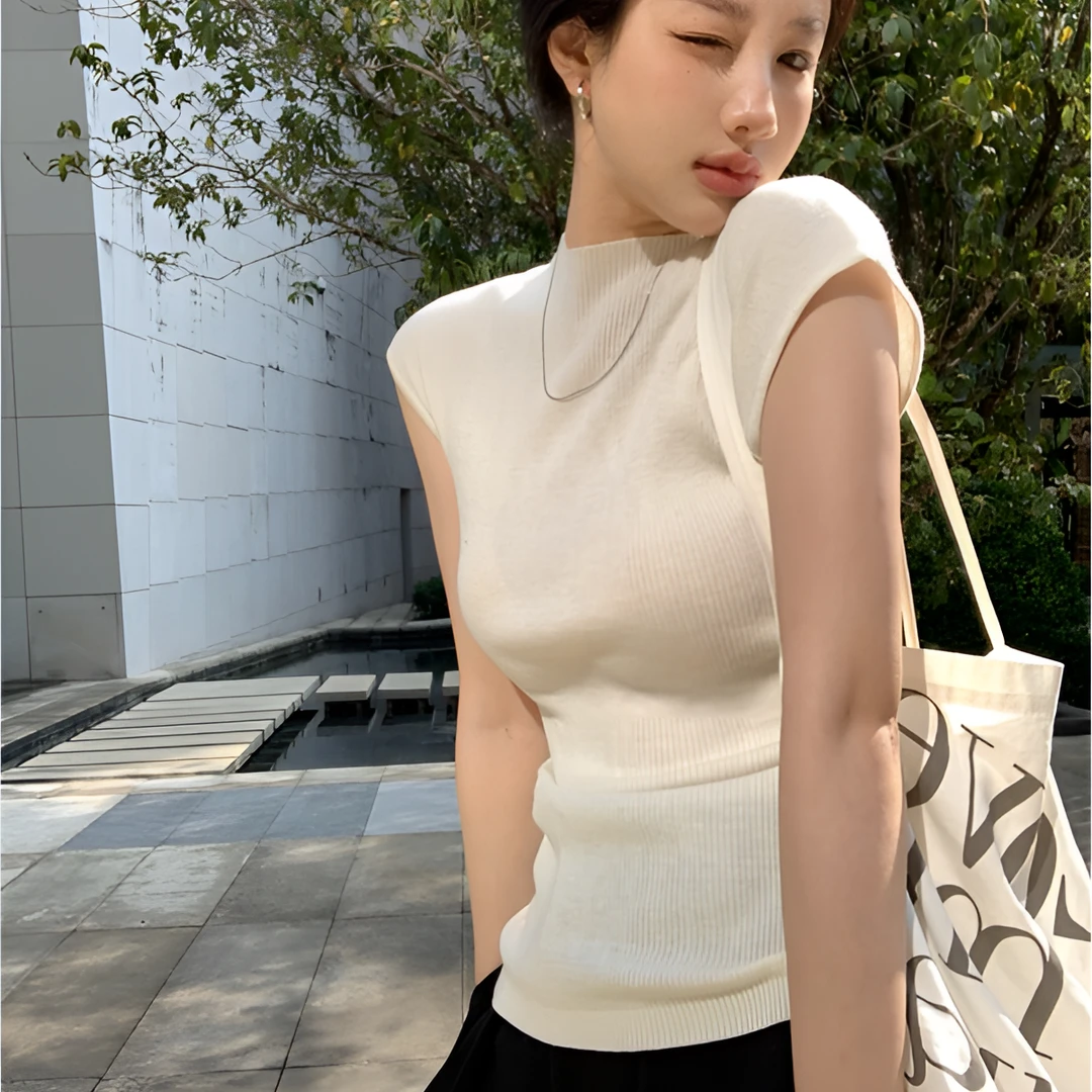 夏季女装洋气时髦短款正肩短袖T恤半高领针织衫显瘦内搭打底上衣