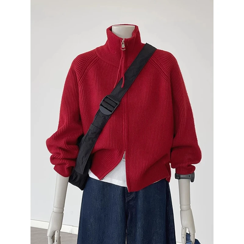 秋冬女装时髦洋气立领针织开衫外套女可外穿拉链红色毛衣高领上衣