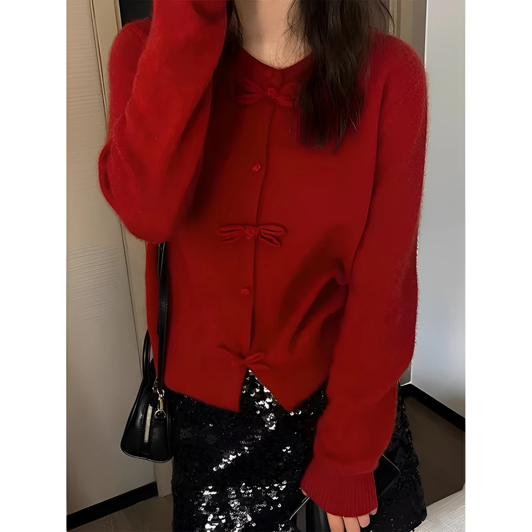 秋冬季新年红色毛衣开衫女针织外套外出洋气国风中式小香风上衣