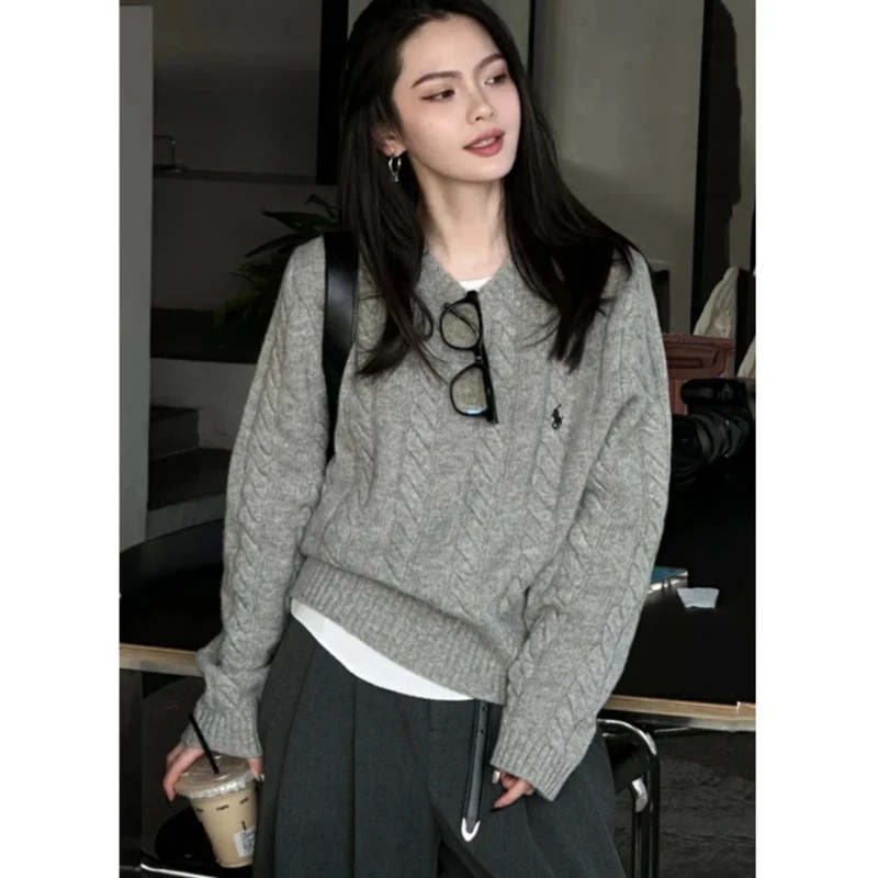 麻花复古圆领加厚毛衣女秋冬季洋气慵懒风宽松套头针织衫外穿上衣