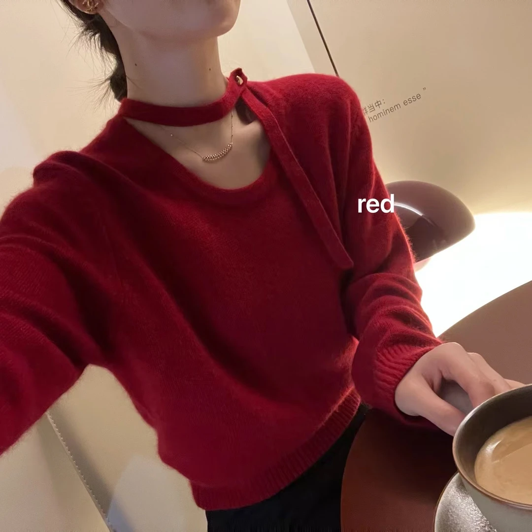秋冬挂脖飘带红色套头毛衣女装设计感小众洋气内搭打底针织衫上衣