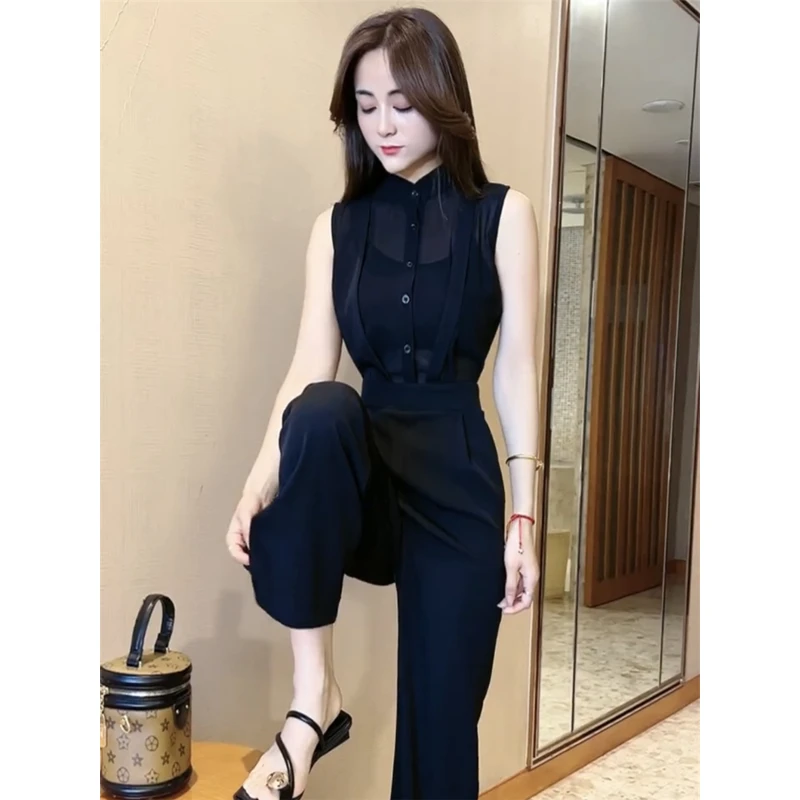 网红爆款时尚连体衣裤女2024春秋季新款女神无袖衬衫拼接显瘦阔腿