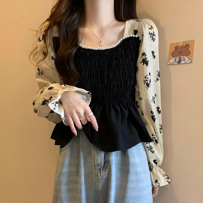 大码法式方领遮肚子小众衬衫女春秋胖妹妹拼接显瘦泡泡袖短款上衣